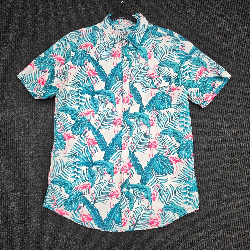 Free Planet Mens Small Flamingo Tropical Palm Print Short Sleeve Button Down